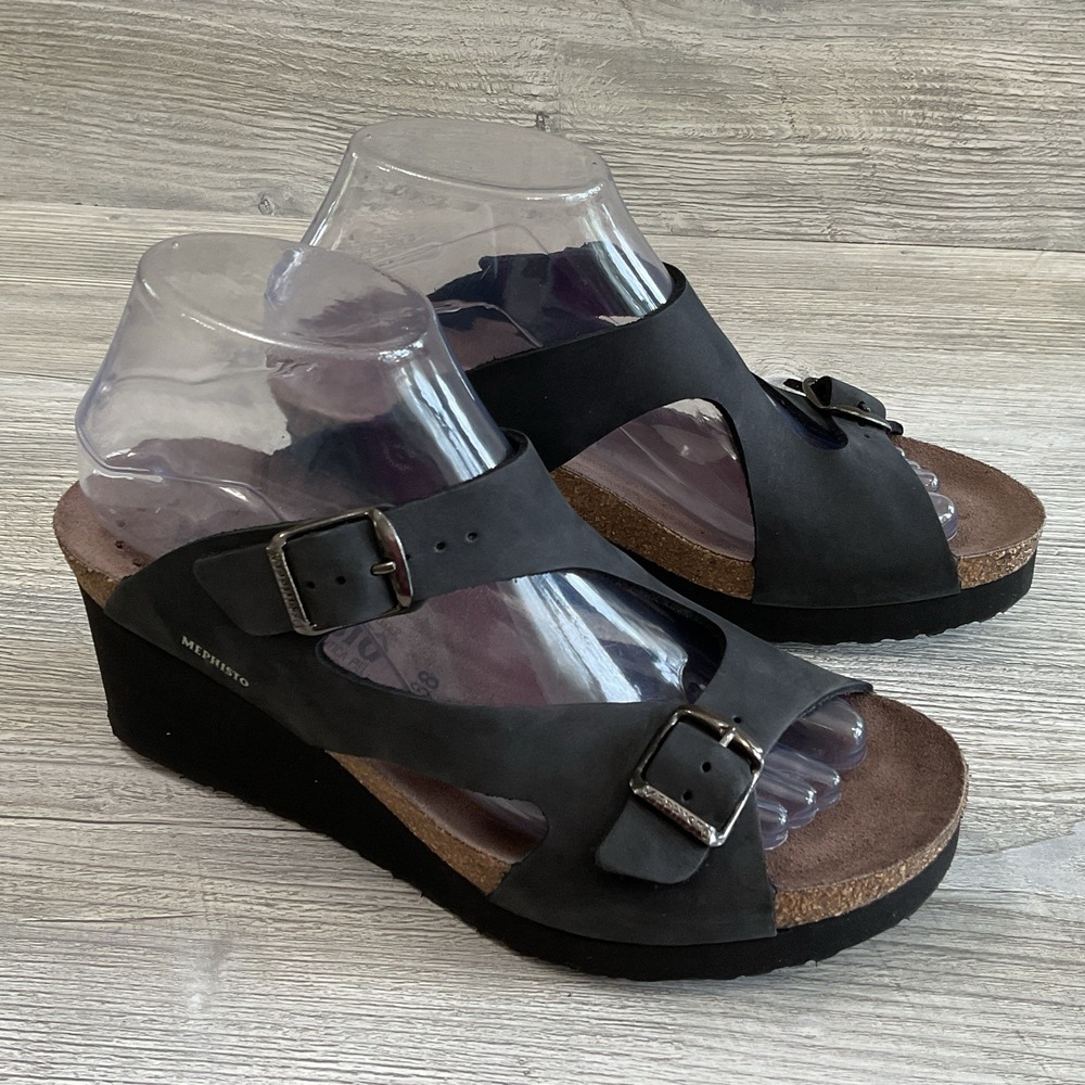 Mephisto Terie Black Nubuck Leather Wedge Sandals Woman's Size 8 US 38 EU